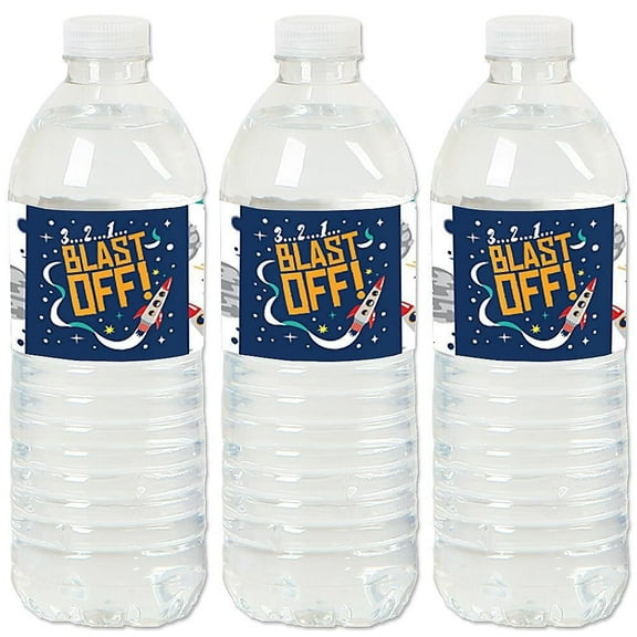 Big Dot of Happiness Blast Off to Outer Space - Rocket Ship Baby Shower or Birthday Party Water Bottle Sticker Labels - Set of 20
