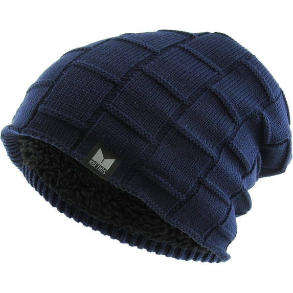 Thick Box Knit Slouch Beanie Sherpa Fleece Lined