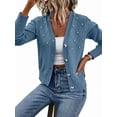 thumbnail image 3 of Women'S Pearl Trimmed Button Up Cardigan, Fashionable and Versatile Knitted V-Neck Long Sleeved Sweater Blue M, 3 of 8