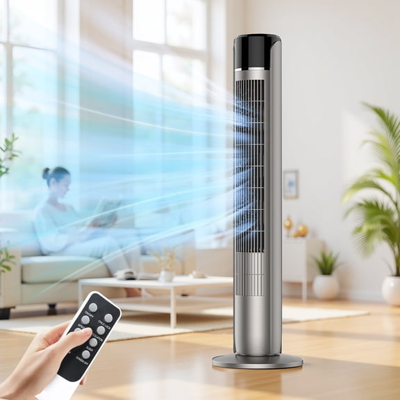 35” Tower Fan, 5 Speeds, 4 Modes, 60° Oscillation, 12H Timer, Child Lock, Portable Cooling Fan for Bedroom, Office, Desk, or Table, Titanium Metallic gray