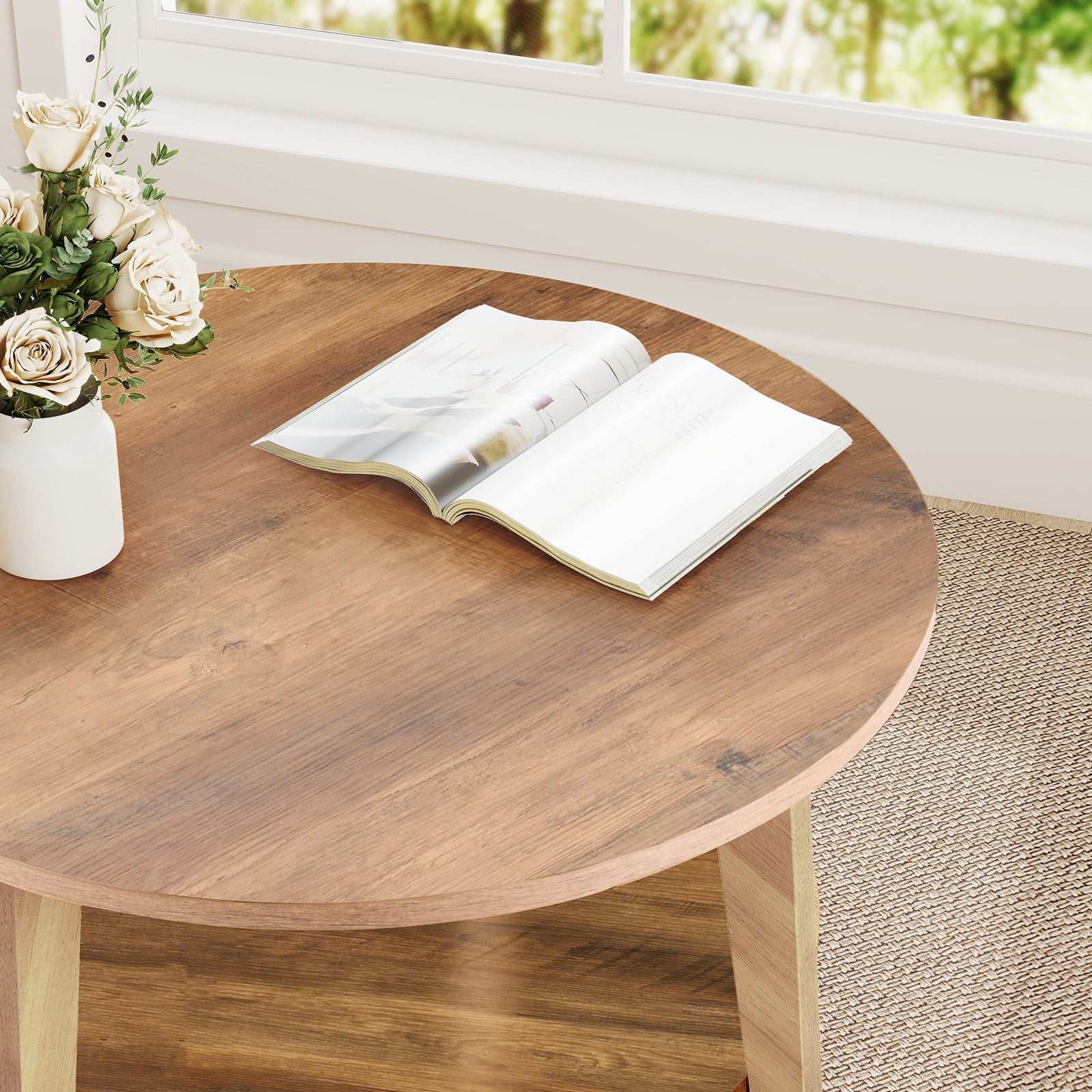 EDX Round Coffee Table, 2 Tier Coffee Table with Storage, for Living Room，Honey Brown
