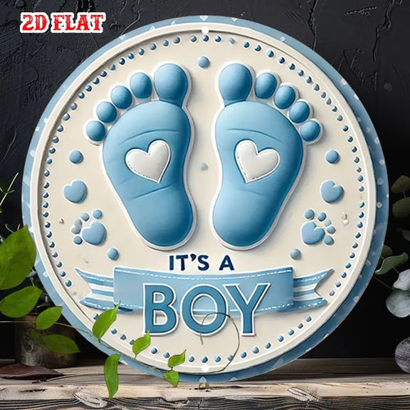 HELLOYOUNG It's A Boy Baby Shower Round Metal Wall Sign 2D Aluminum Decor Blue Feet Art for Nursery