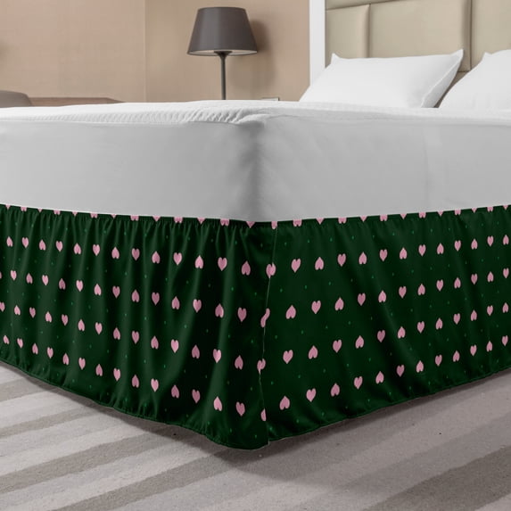 Valentine's Day Bed Skirt, Continuing Heart Motifs and Mini Polka Dots in Natural Tones, Elastic Bedskirt Dust Ruffle Wrap Around for Bedding Decor, 4 Sizes, Emerald and Pale Pink, by Ambesonne