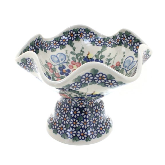 Blue Rose Polish Pottery Garden Butterfly Pedestal Candy Dish
