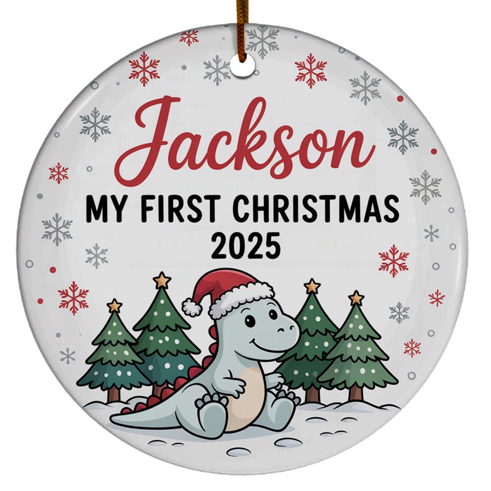 Cute Baby Dinosaur First Christmas Ornament 2025, Ornament Baby’s 1st Christmas Keepsake, Custom Name Text Birthday Christmas Ornament Gift for New Dad Mom Newborn