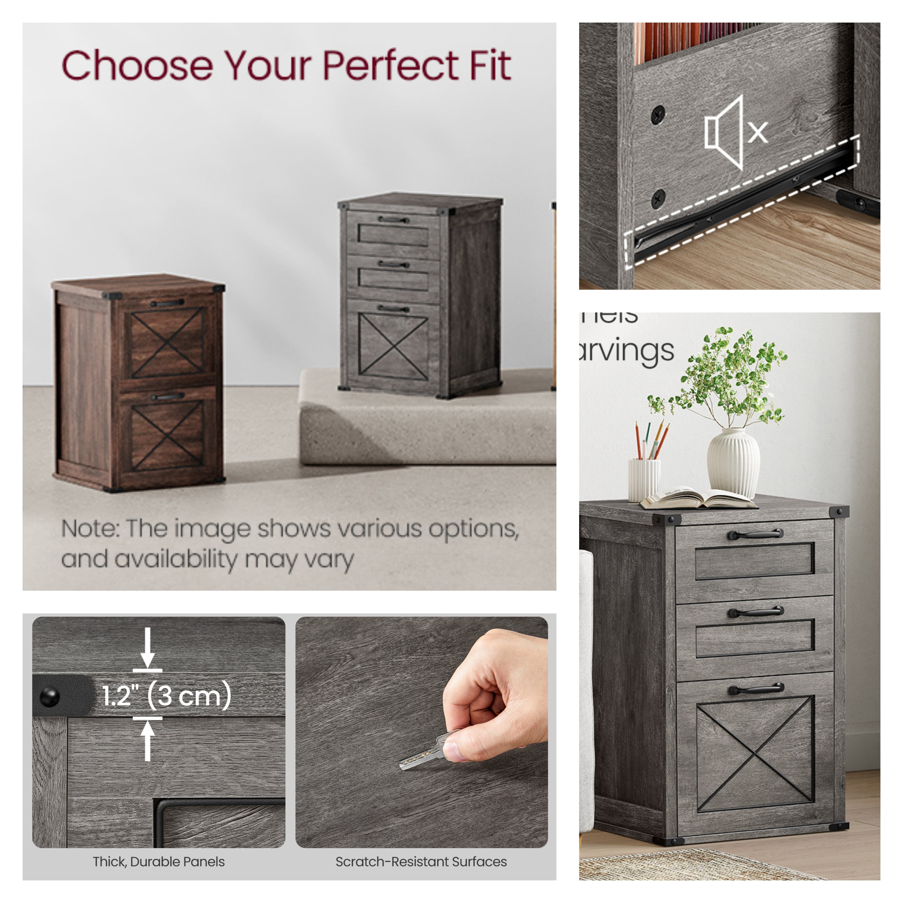 LEDREM 3-Drawer File Cabinet, Farmhouse Style Printer Stand for Home Office, Holds A4 Letter Files, Silent Slides & 110lb Capacity, Misty Gray
