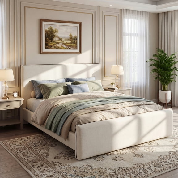 Christopher Knight Home Queen Size Upholstered Platform Bed Frame with Linen Fabric, Thick Headboard, Beige