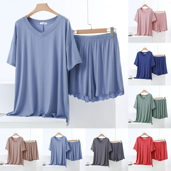 YHAJDS Pajamas for Women Set 2 Piece Solid Color V Neck Side Slit Tee and Wide Leg Shorts
