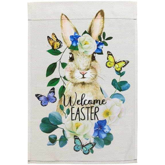 Northlight Bunny and Butterflies "Welcome Easter" Floral Outdoor Garden Flag 18" x 12.5"