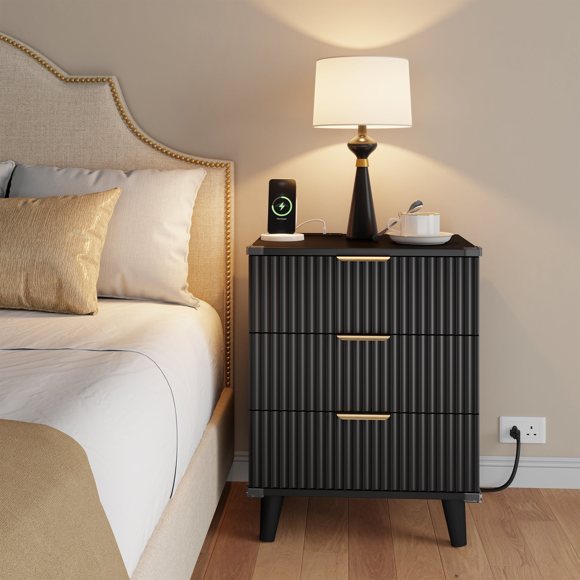 GIKPAL Night Stands for Bedroom, Modern Bedside Table with 3 Drawers & Charging Station,Fluted Panel End Tables for Bedroom  & Living Room, Black