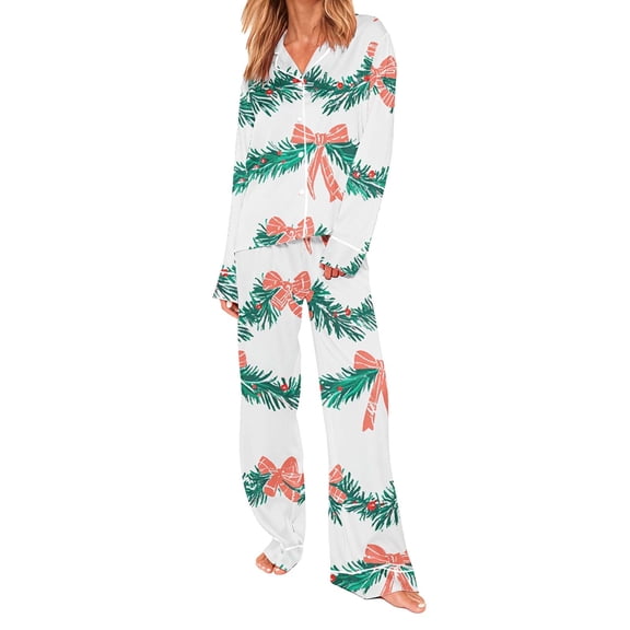 Tnhcen Women's Long Sleeve Printed Pajama Set 95% Polyester 5% Spandex Flannel-Like Lounge Wear Sleepwear Plus Size S-2XL Women's Home Wear Pajamas Top & Bottom