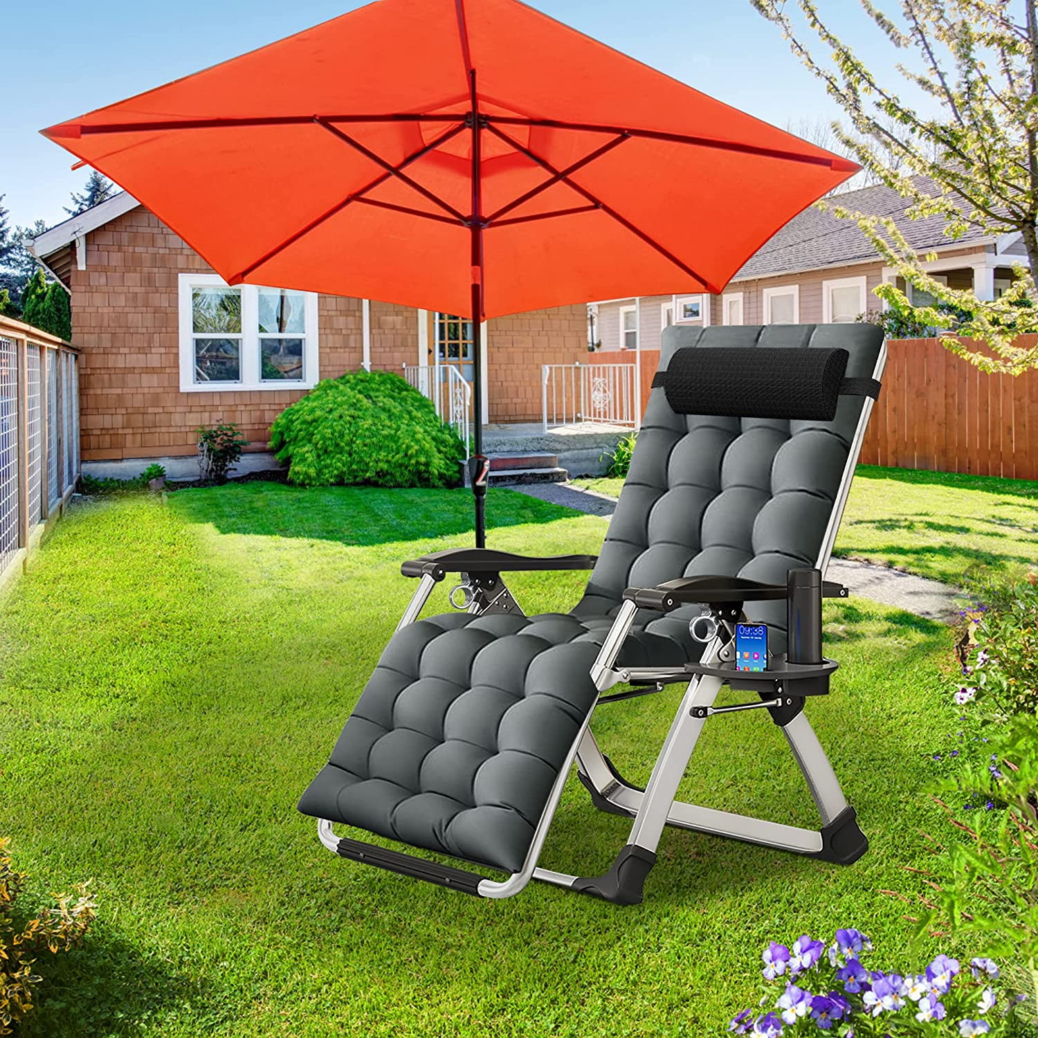 ABORON Zero Gravity Chair, Outdoor Padded Lounge Chair with Side Table