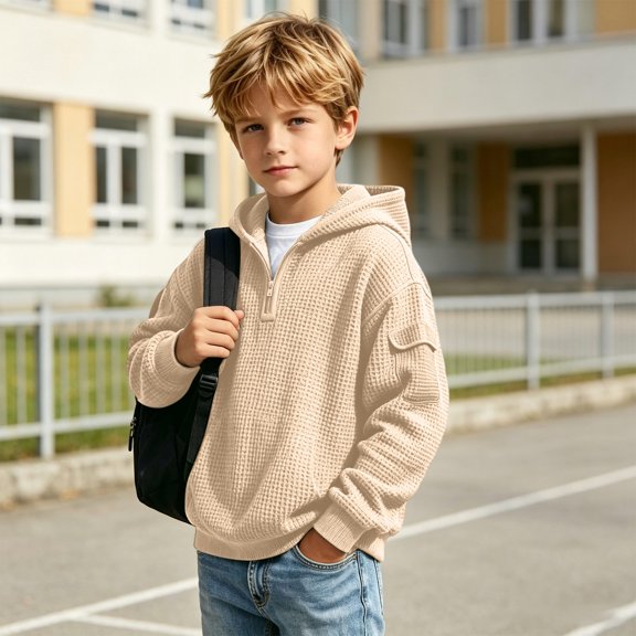 Lutiedan Waffle Knit Hoodies for Boys 1/4 Zipper Long Sleeve Sweatshirts Casual Fall Baggy Hooded Pullover Shirts Size 3-14