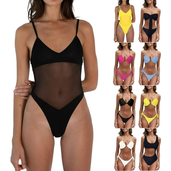 Tan Through Swimsuit for Women Tummy Control Teddy Mesh Sexy One Piece Monokini Bathing Suit Thong Bikini Swimwear