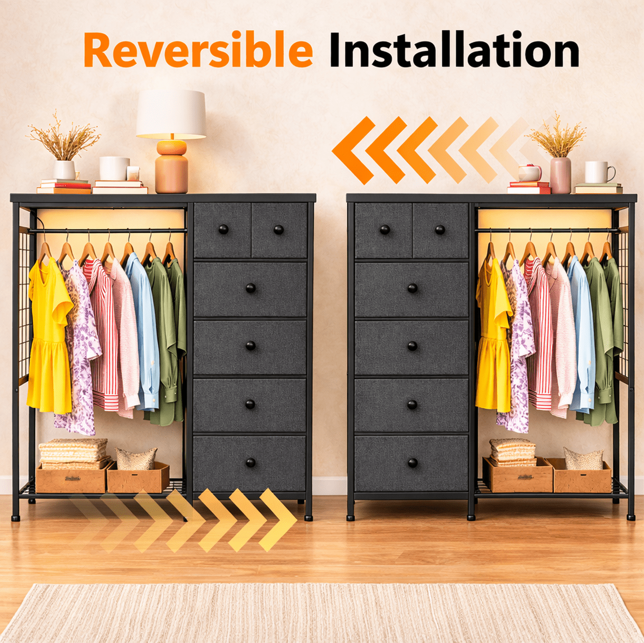 Simple Deluxe Storage Clothes Rack with 6 Drawers, Charging Station & LED Lights, Fabric Chest Shelves Clothing Rack, Wooden Portable Wardrobe Closet, 49.2" W x 15.7" D x 47.2" H, Gary