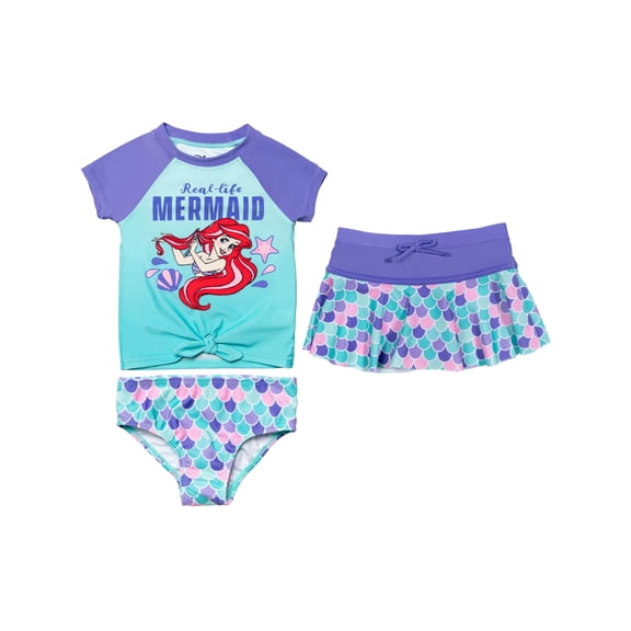 Disney Little Girls' Ariel 3 Piece Rash Guard, Skirt, Bikini Swimsuit Set, Sizes 4-6x