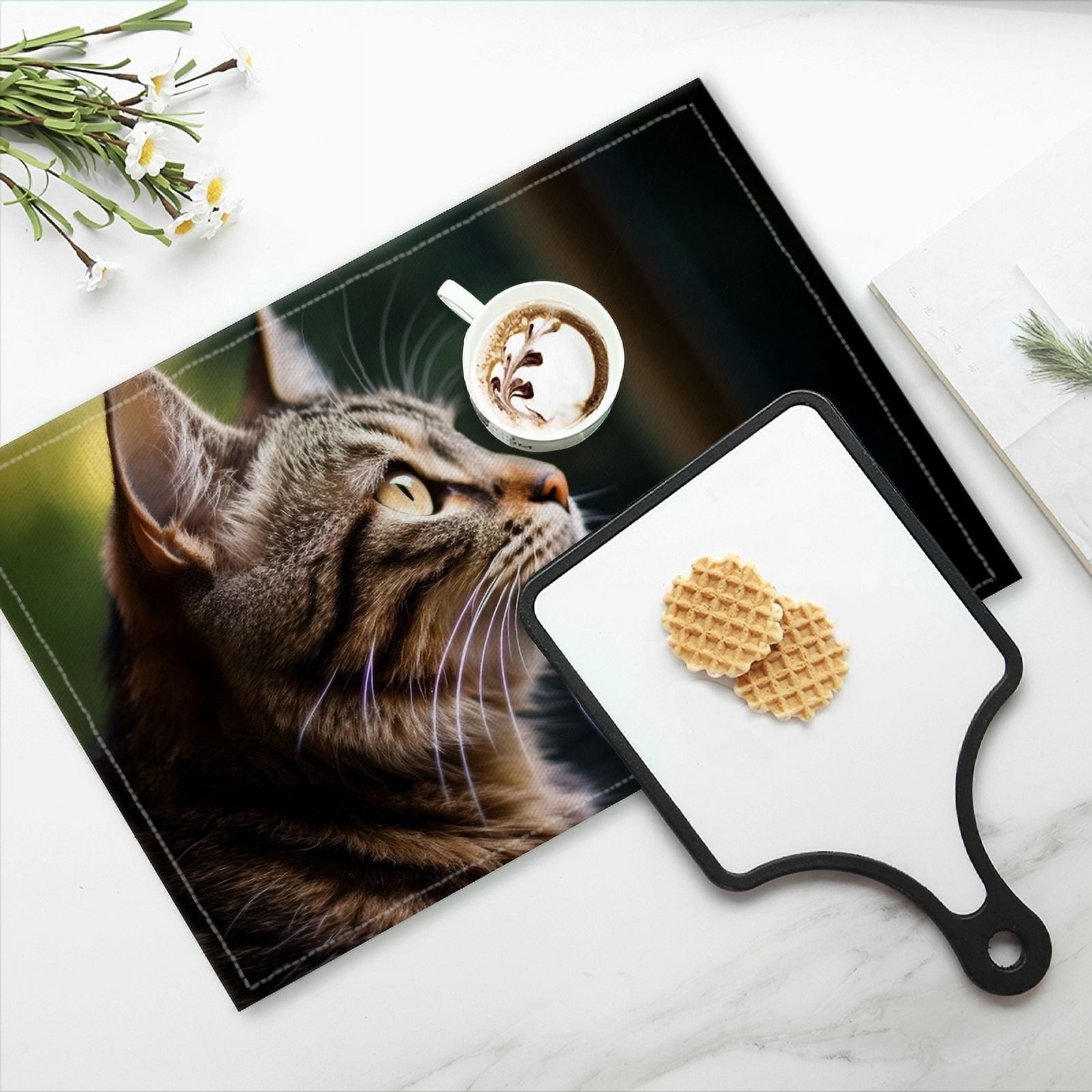 BaHomeck placemats Set of 4 rectangle Linen Cotton Placemats for Dining Table Washable Heat Resistant,18*12inch,Beautiful Cat Looking Out The Window