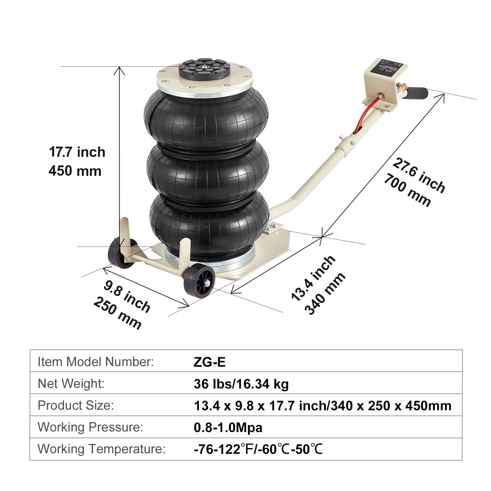 KFFKFF Air Jack, 3 Ton/6600 lbs Triple Bag Air Jack, Airbag Jack with Six Steel Pipes, Lift up to 17.7 inch/450 mm, 3-5 s Fast Lifting Pneumatic Jack, with Long Handles for Car, Garage, Repair