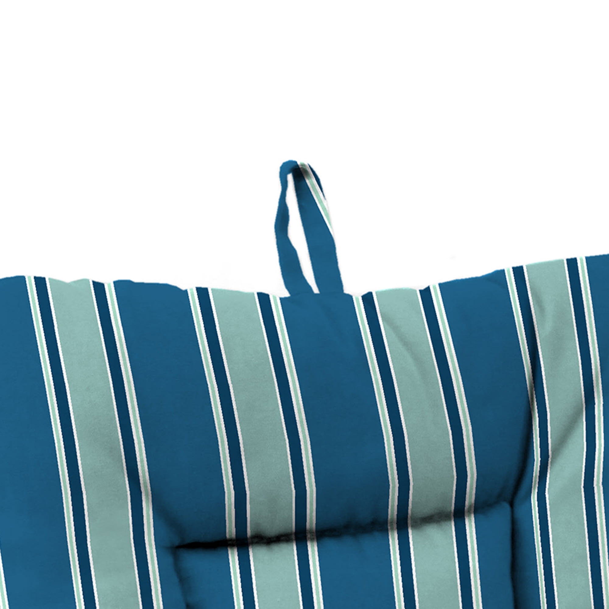 Jordan Manufacturing 38" x 21" Sanders Puff Blue and Gray Green Stripe Rectangular Outdoor Wrought Iron Chair Cushion with Ties and Hanger Loop