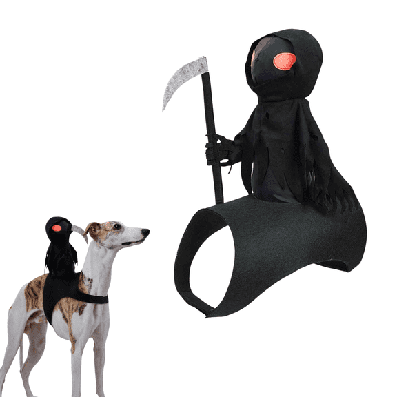 Riding‑Style Grim Reaper Pet Costume with Sickle, Funny Halloween Party Dress‑Up Cosplay Outfit for Dogs & Cats