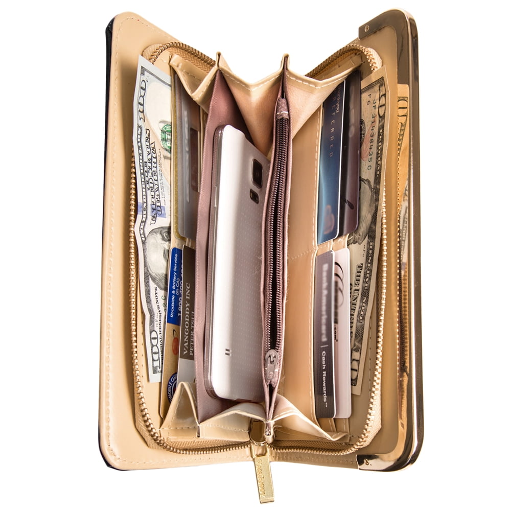 Women's Black Striped Patent Leather Wallet with Card Holder Organizers and Convertible Golden Chain Wristlet