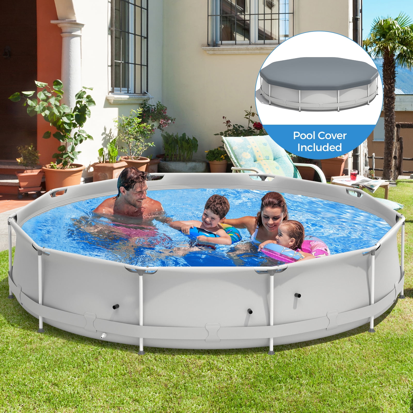 Infans Round Above Ground Swimming Pool Patio Frame Pool W/ Pool Cover Iron Frame Grey