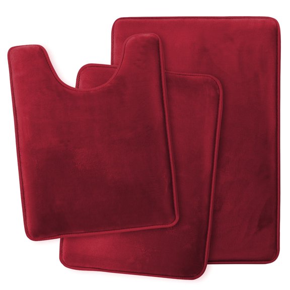 Clara Clark Non-Slip Memory Foam Bath Rug - 3 Pack Set - Small, Large, Contour rug Burgundy Red