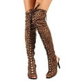 thumbnail image 2 of Breckelles Randi-23 Leopard Lace Up Stiletto Heeled Peep Toe Thigh High Boots (Leopard, 5.5), 2 of 3