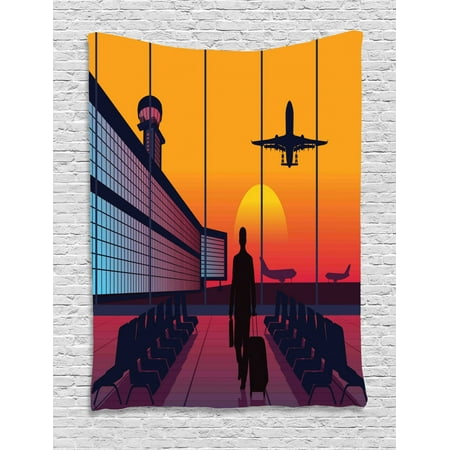 Airport Tapestry, Digital Art Passenger with Luggage in Waiting Lounge Plane Take Off at Sunset, Wall Hanging for Bedroom Living Room Dorm Decor, Multicolor, by (Best Airport Lounge App)