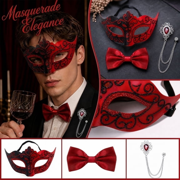 3 Pack, Masquerade Mask for Men Red Black Venetian Masquerade Masks Set with Bow Tie and Brooch Mardi Gras Accessories for Masquerade Party Halloween Events, 1 Set