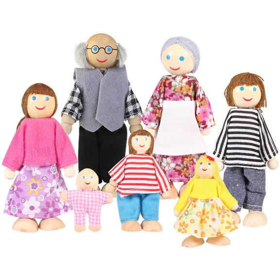 Lovely Family Dollhouse Dolls Set of 7 Wooden Figures, Kids Girls Happy Playset Characters Accessories for Children Pretend Gift