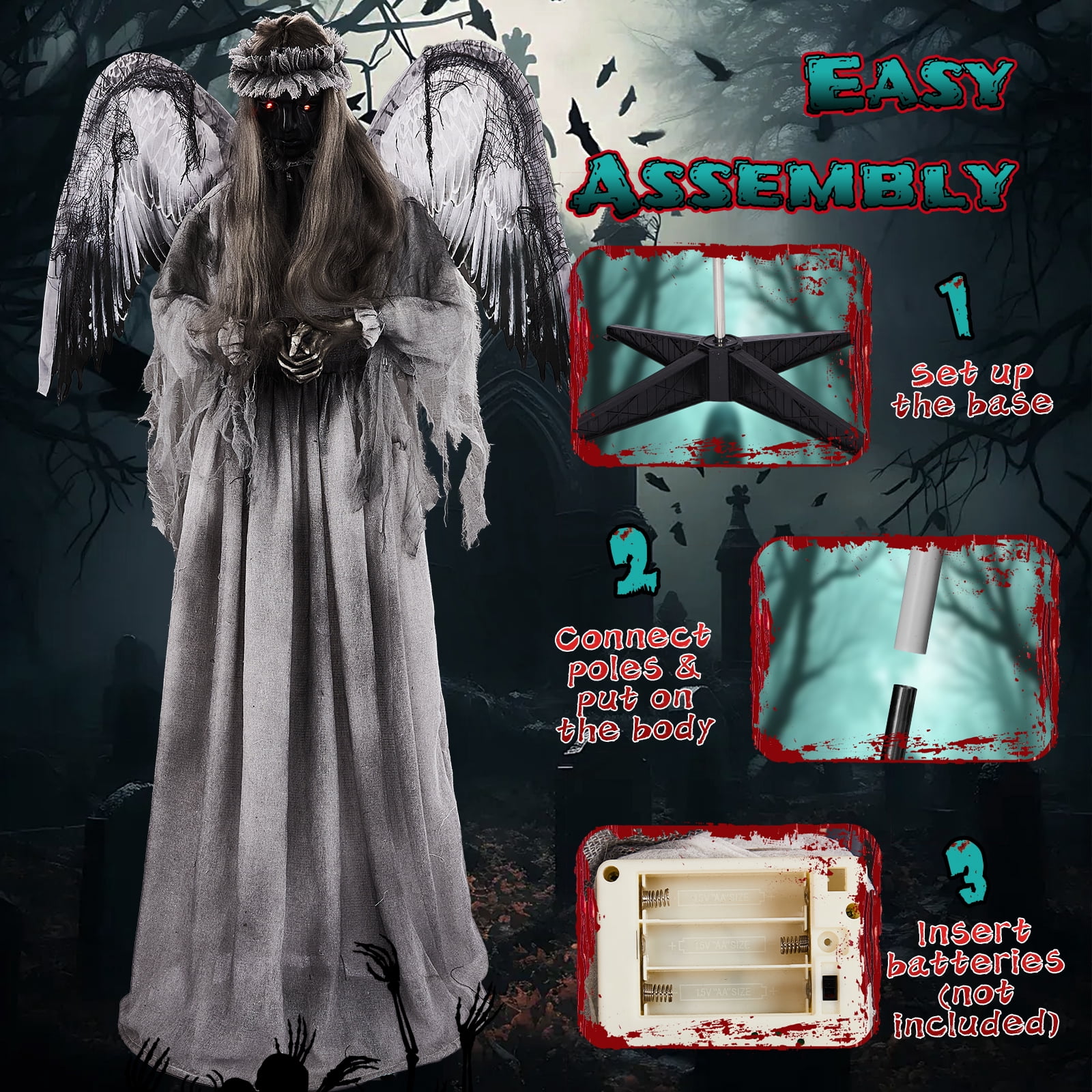 Astoutdoor 5.7 ft Halloween Weeping Angel Animatronic Decoration with Red Light-Up Eyes, Sound-Activated Motion, and Screaming Sound Effects, Battery Operated