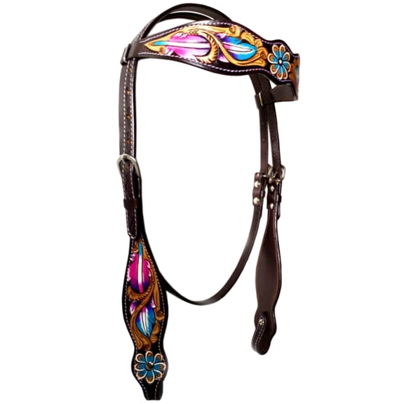 Bar H Equine Horse Leather Floral Feather Headstall Dark Brown