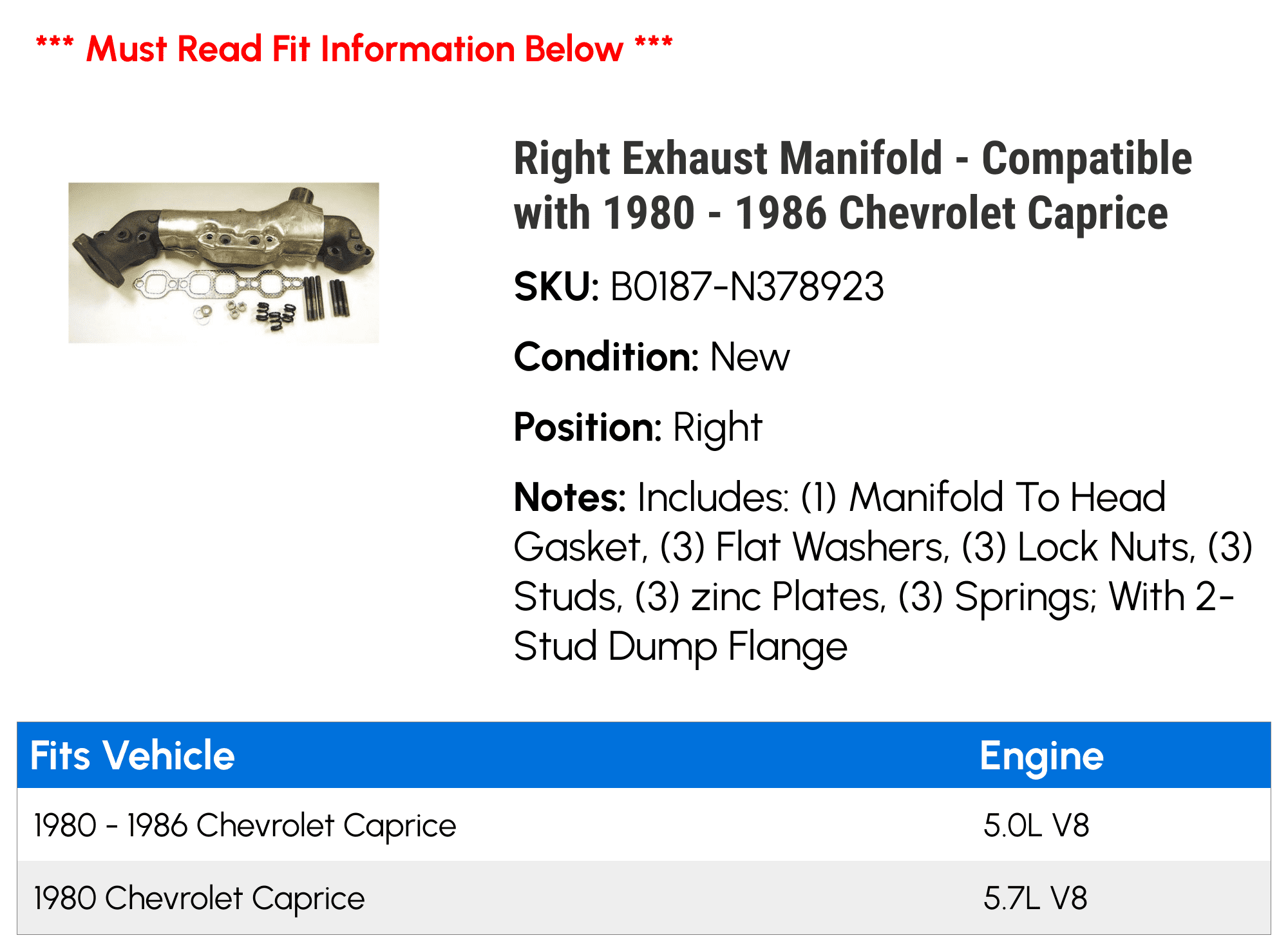 Right Exhaust Manifold - Compatible with 1980 - 1986 Chevy Caprice 1981 1982 1983 1984 1985