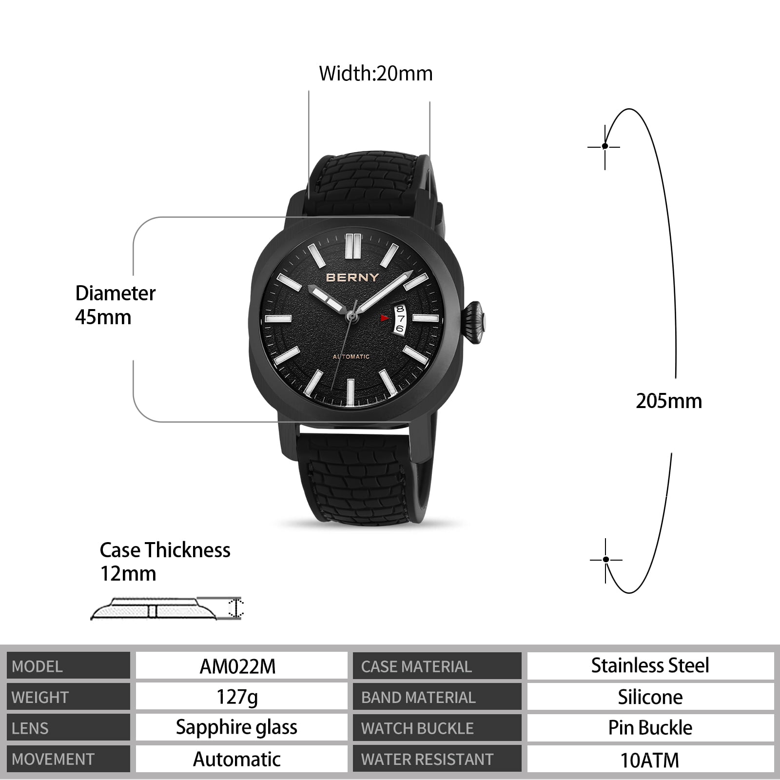 BERNY Automatic Watch for Men, Sport 10ATM Waterproof Mechanical Watch with Silicone Strap, Date Calendar, Super Luminous, Sapphire Glass, Fashion Men's Diver Wristwatch, Black