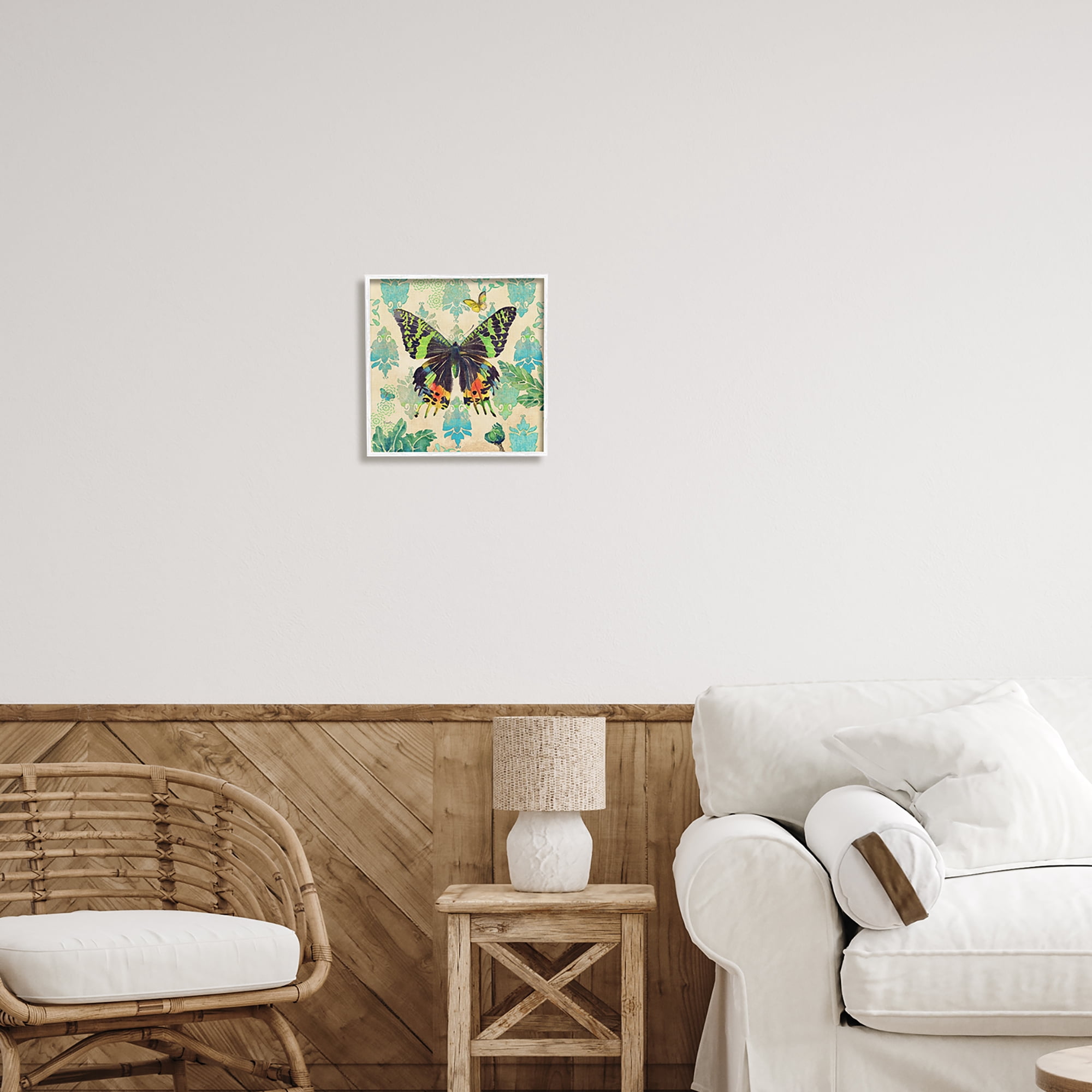 Stupell Turquoise Butterfly Damask Pattern Animals & Insects Painting White Framed Art Print Wall Art