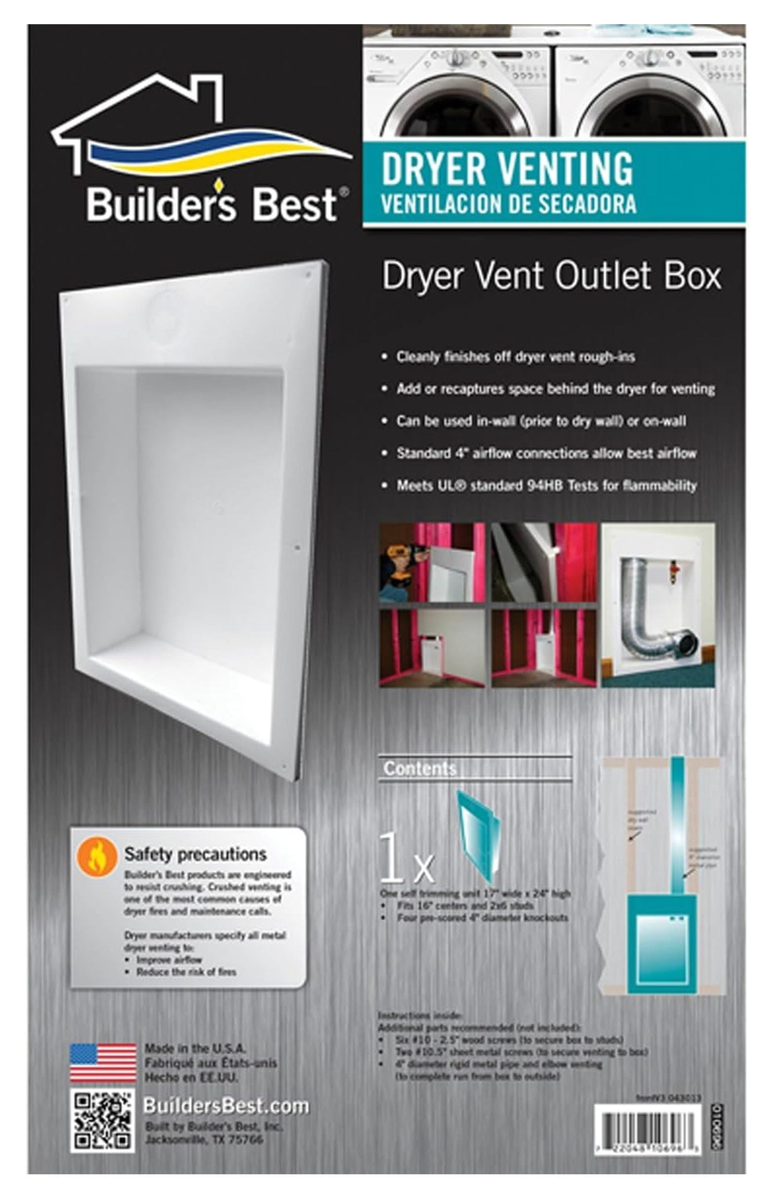 Saf-T-Duct Dryer Outlet Box - White, 4 Inch Round Vent, Wall Recessed Kit for Dryer Venting - Fits 16" Centers, UL 94HB Flammability Rated