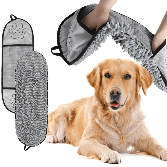 ROSEXIXI 1pcs Gray，Ultra-Absorbent Chenille Pet Towel , Fast Drying Soft Microfiber Bath Mitt for Dogs, Cats and Small Pets, Machine Washable