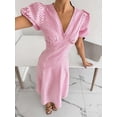 thumbnail image 5 of Pink And White Striped V-Neck Petal Sleeve Midi Dress For Women, 5 of 7