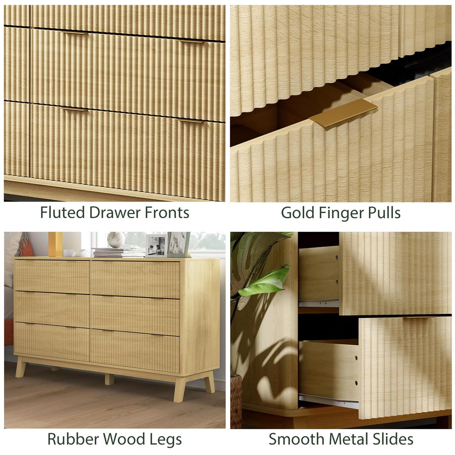 Demi Bonn 6 Drawer Dresser for Bedrooms with Wood Legs and Gold Pulls, Storage Fluted Chest, Beige