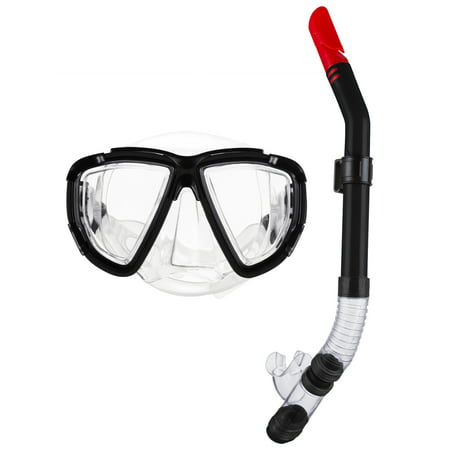 Musetech Premium Dry Top Snorkel Set - Impact Resistant Tempered Glass Diving Mask, Watertight and Anti-Fog Lens for Best Vision, Easy Adjustable