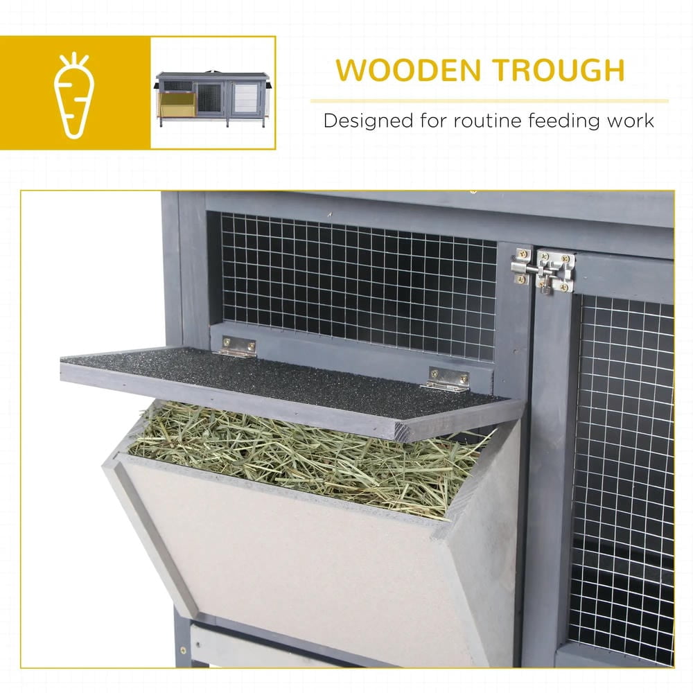 Spaco Wooden Rabbit Hutch Bunny Hutch Cage Guinea Pig with Waterproof Roof, No Leak Tray and Feeding Trough, Gray