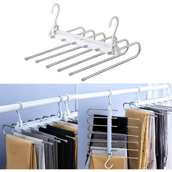 Space Saving Pants Hangers, Foldable 6 Layers Stainless Steel Jeans Organizer for Closet, Non-Slip 6 in 1 Multifunctional Trouser Rack (Blue)