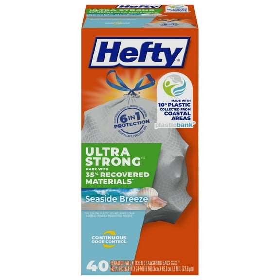 Hefty Ultra Strong 13 Gallon Trash Bags, Tall Kitchen Trash Bags Made with Recovered Materials, Including Coastal Plastic, Gray, Seaside Breeze Scent, 40 Bags