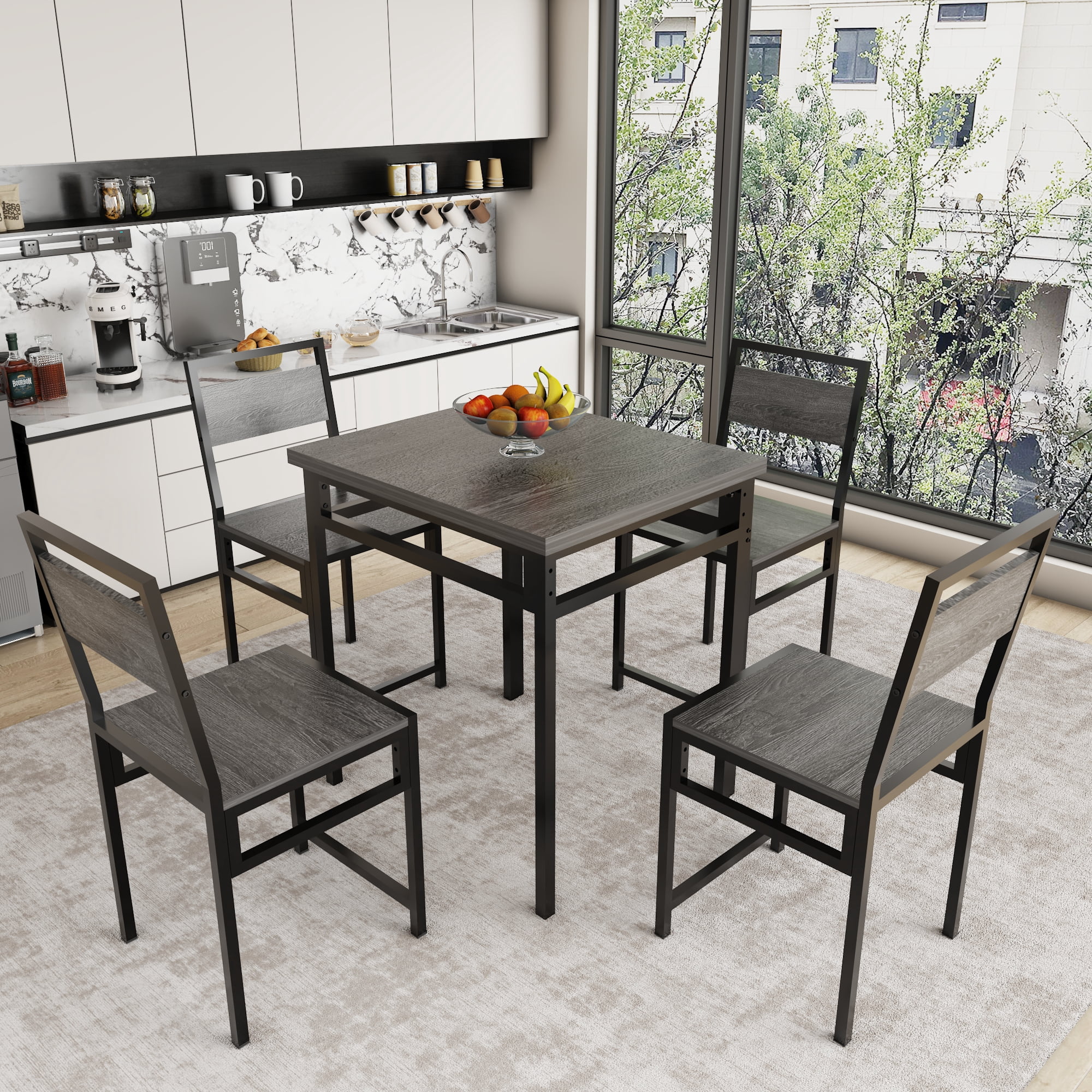 GARITIN Extendable Dining Table Set with 4 Chairs, Rectangular Expandable Kitchen Table for Small Family Apartment, Charcoal and Grey