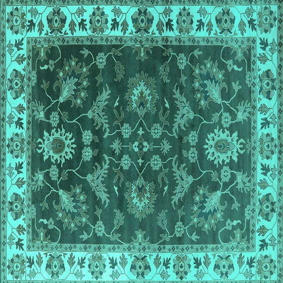 Ahgly Company Machine Washable Indoor Square Oriental Turquoise Blue Industrial Area Rugs, 4' Square