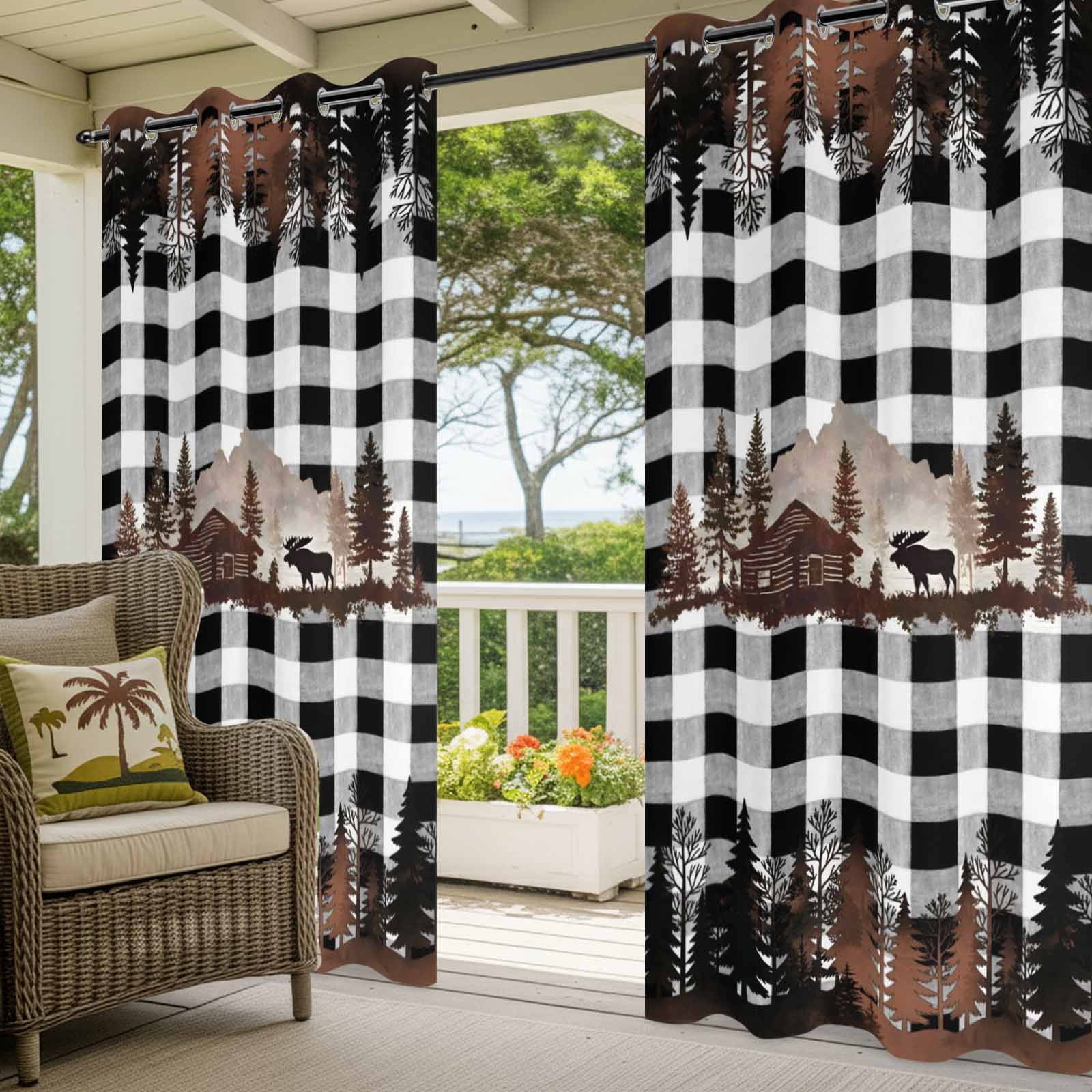 Forest Farmhouse Outdoor Curtains for Patio, Country Mountain Moose Silhouette Pine Tree Black White Plaid Sunshade Privacy Drapes Grommet Waterproof Outside Curtains for Porch 54"x108", 1 Panel