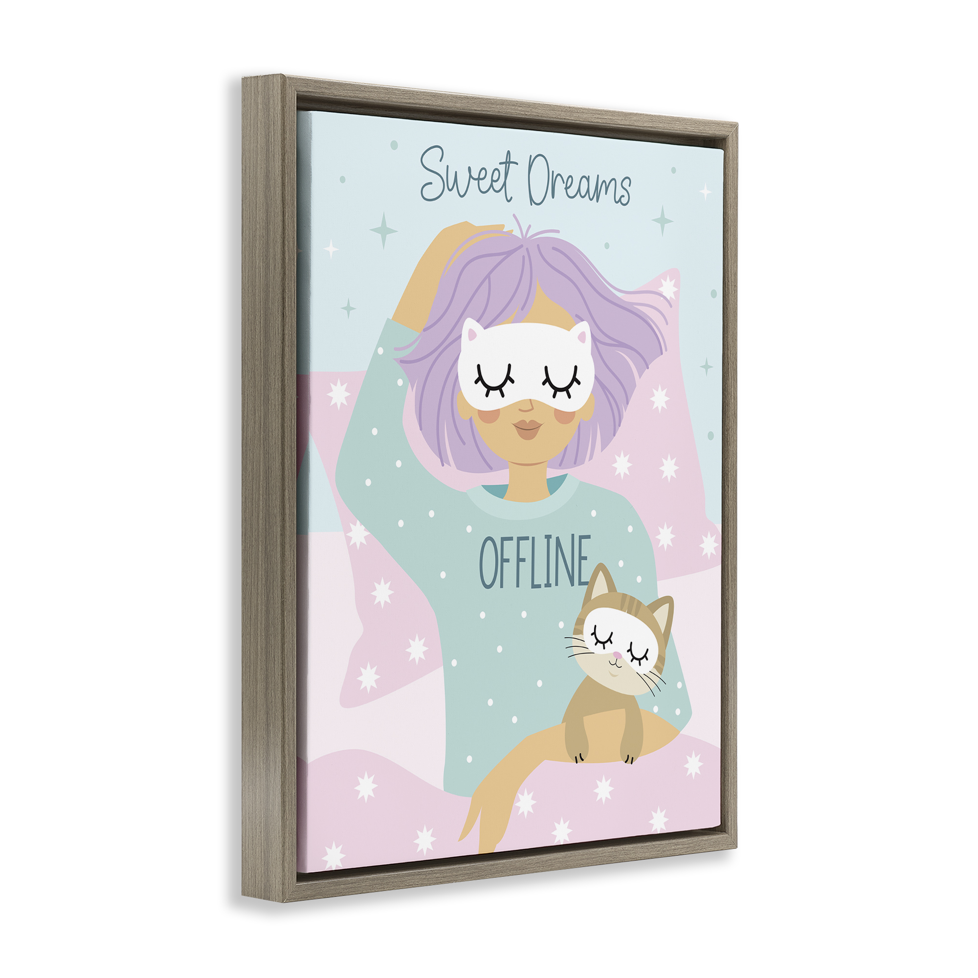 Stupell Industries Sweet Dreams Girl & Cat People Painting Brown Floater Framed Canvas Art Print Wall Art, 17 x 21
