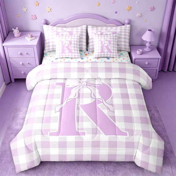 Catabedysis Modern Geometric Plaid 7-Piece Twin Bedding,Bowknot Monogrammed R Design Bedding Comforter Set,Colorful Stars Reversible For Girls