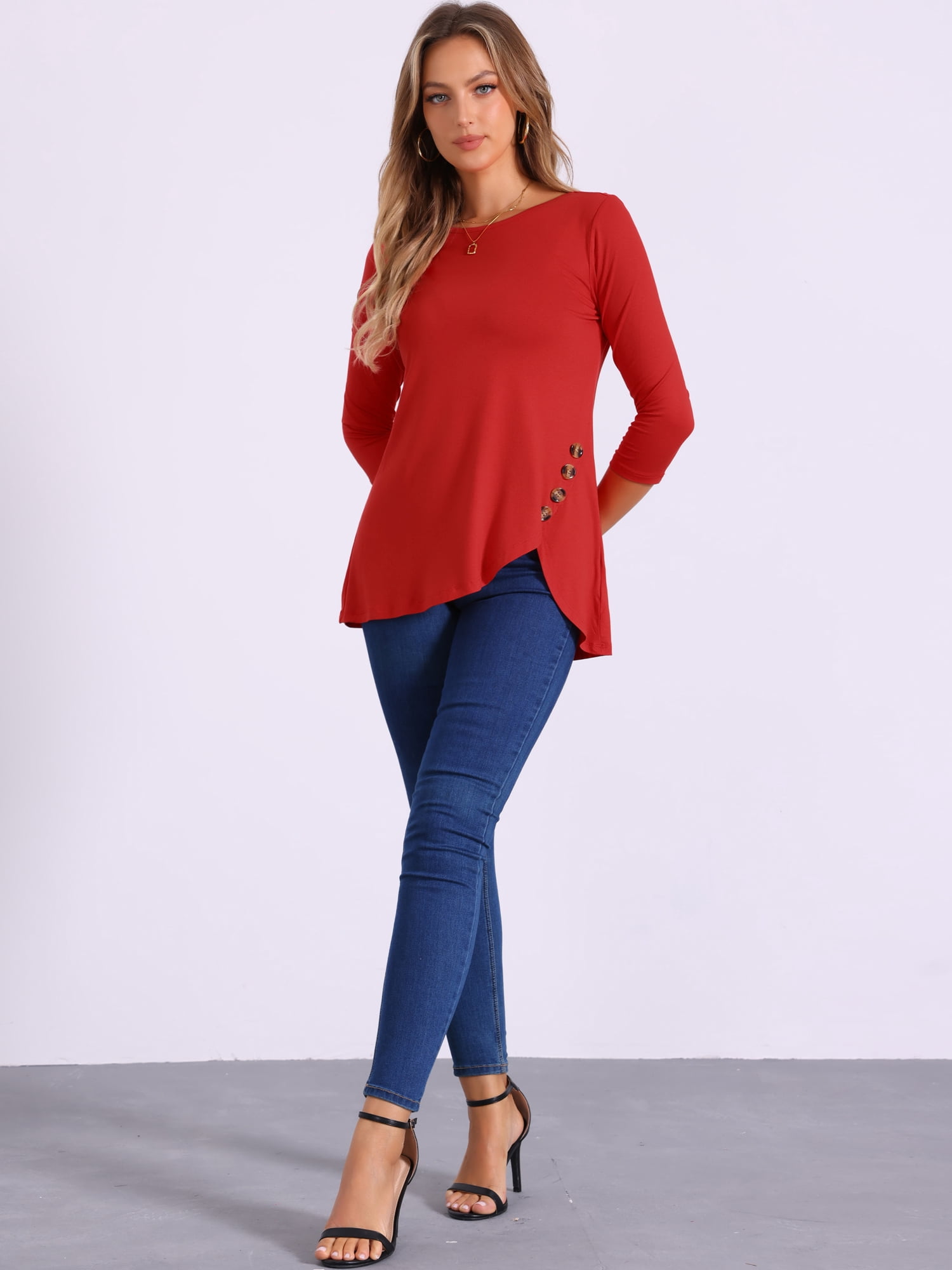 DARING DIVA Women's Casual Stretchy Tunic Asymmetric Hem Top XS Red